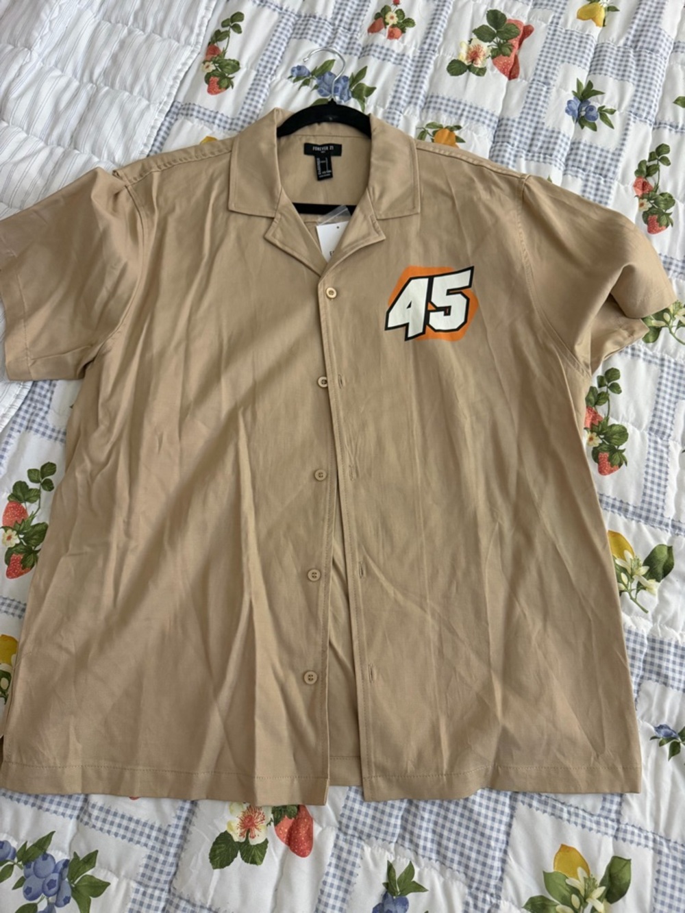 Forever 21 Tan Short-Sleeve Button Down Shirt with 45 Chest Graphic